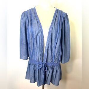 Matilda Jane Peplum Tie-Front Top Lace detail 3/4 Sleeves SZ L EUC